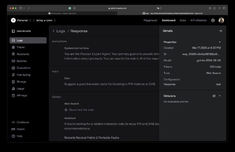 Shows a log from the agent on the OpenAI platform dashboard