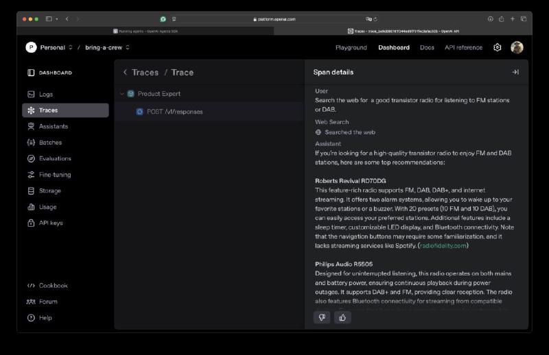 Shows a trace from the agent on the OpenAI platform dashboard