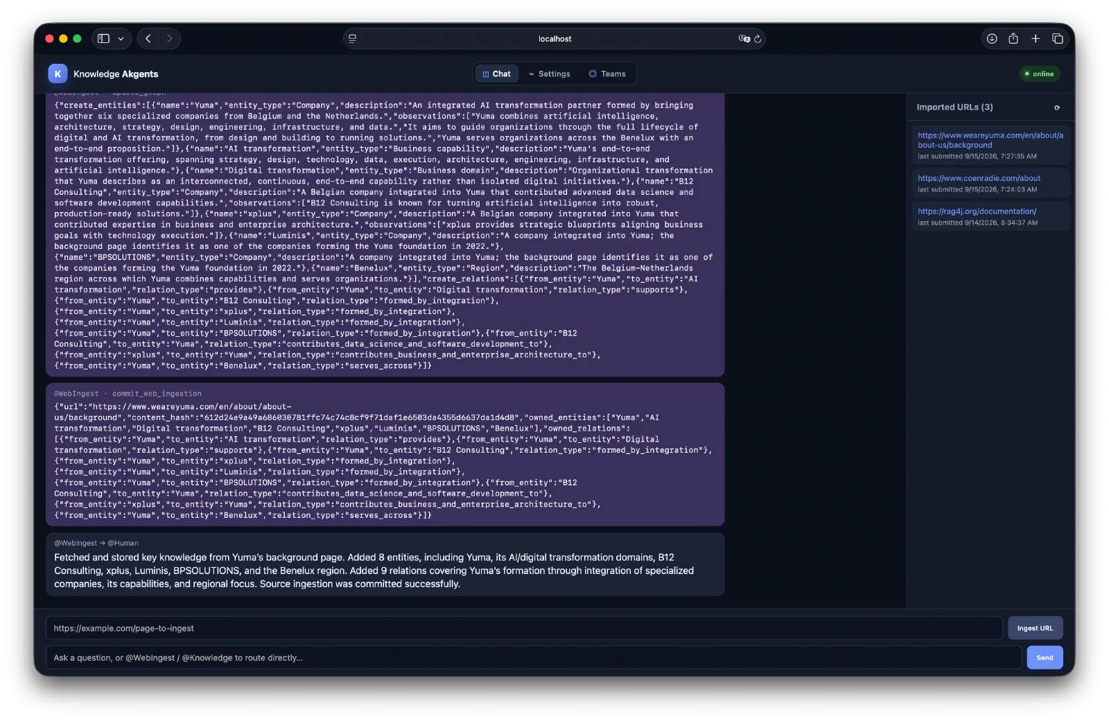 WebIngest graph-update arguments and ingestion confirmation for Yuma's background page.