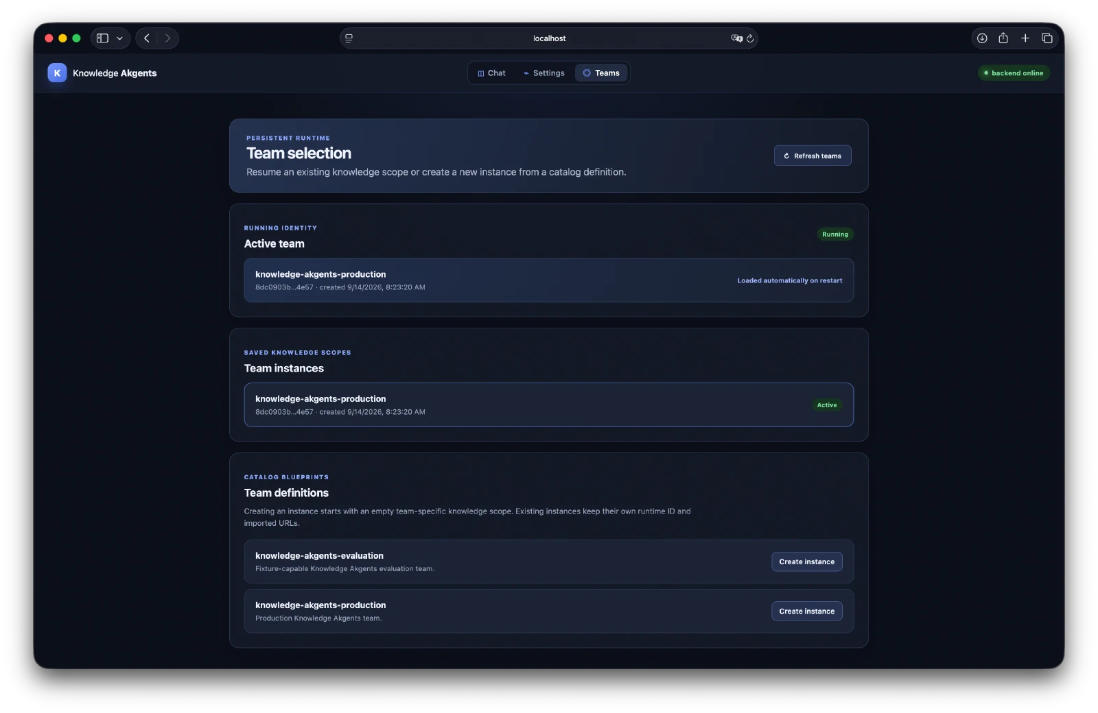 Teams screen showing the active persisted team instance and separate production and evaluation catalog definitions.