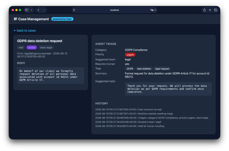 The case detail screen showing the original request, agent triage, suggested reply, and workflow history.