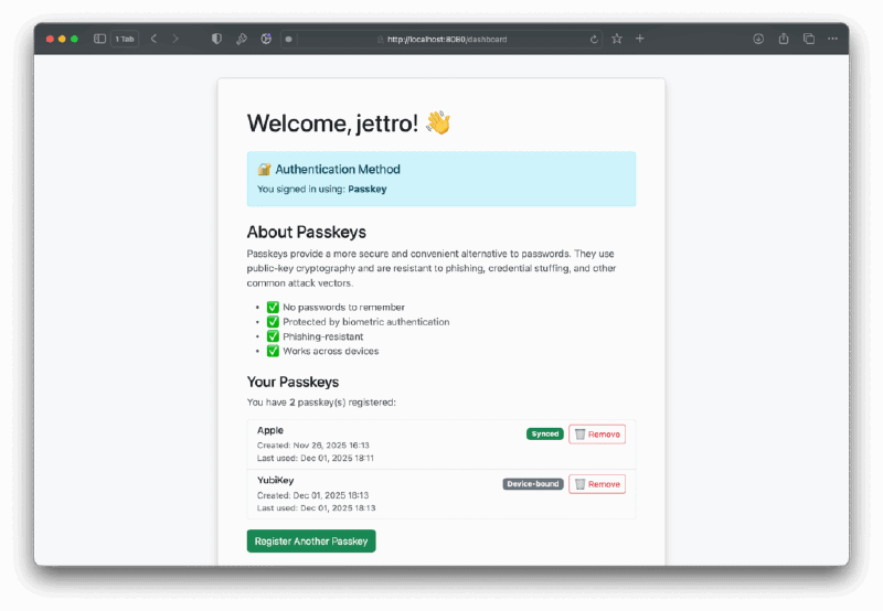 The dashboard with the new YubiKey registration as a passkey.