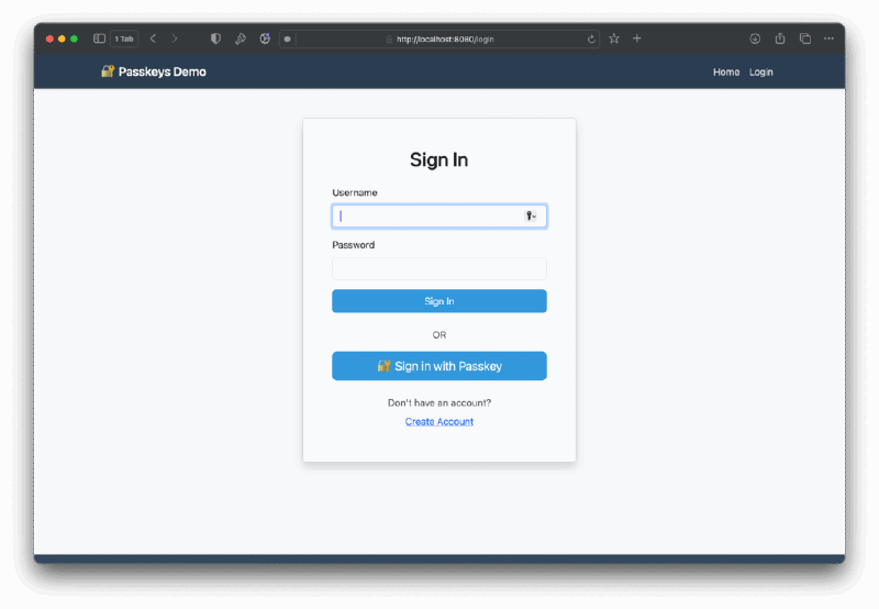 Choose to sign in with a username/password or a passkey.