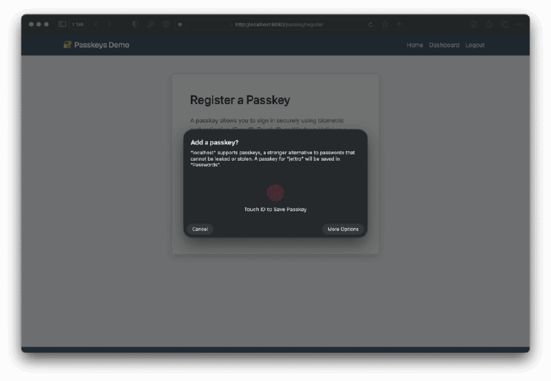 Add the Touch ID or select More Options for more passkey options.