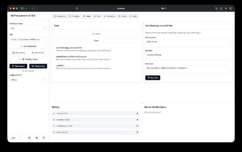 MCP Inspector, call the UserMessage_acceptOrder tool