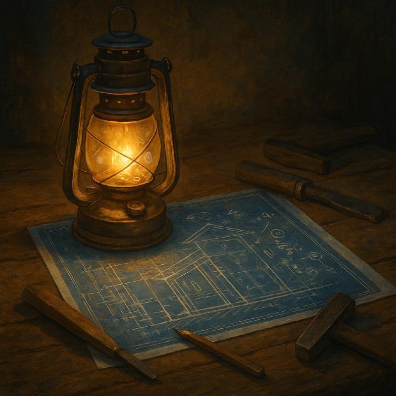 The lantern illuminates a blueprint.